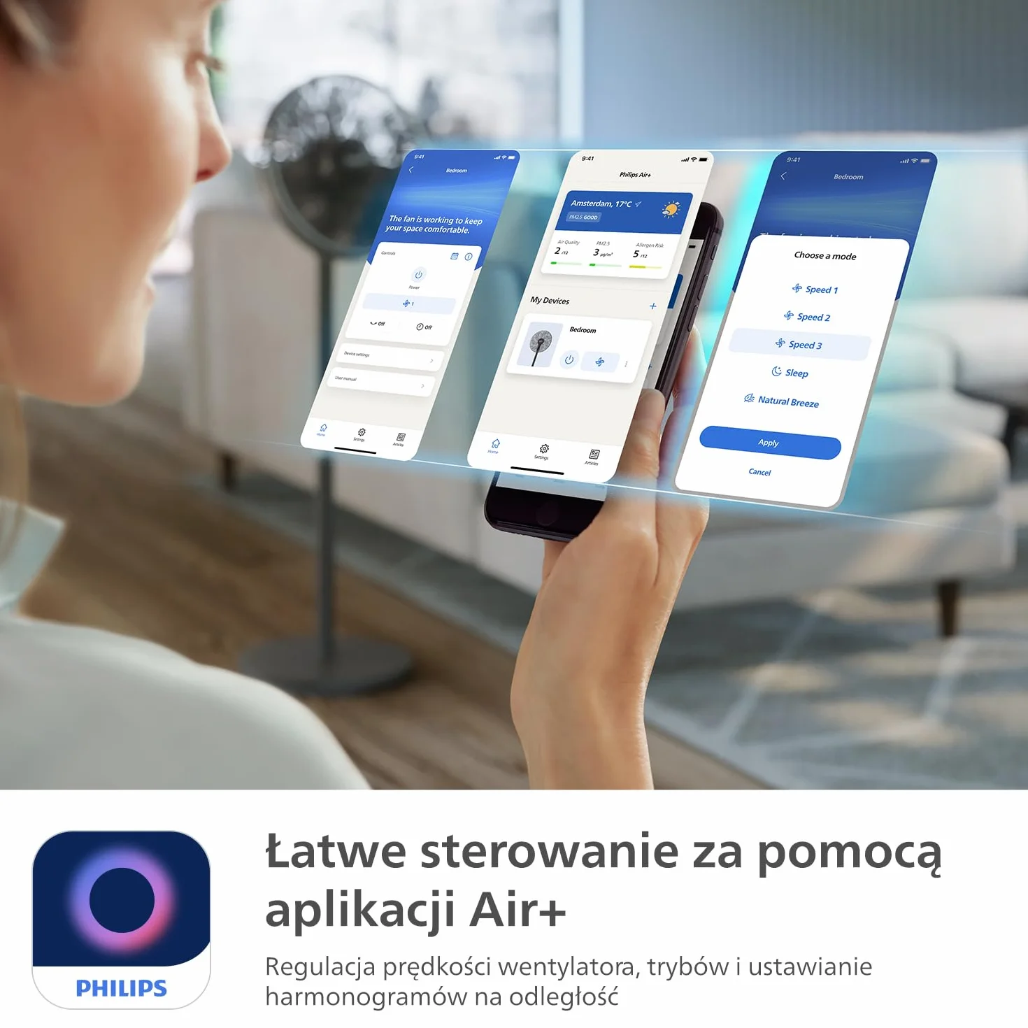 Inteligentny Wentylator Philips Seria 3000. Wydajny i Cichy Z Technologią SilentWings. 19 dB. Regulowana wysokość: wentylator Stołowy i Stojący 2w1. Odchylany i Obrotowy. Aplikacja. Czarny (CX3550/01)