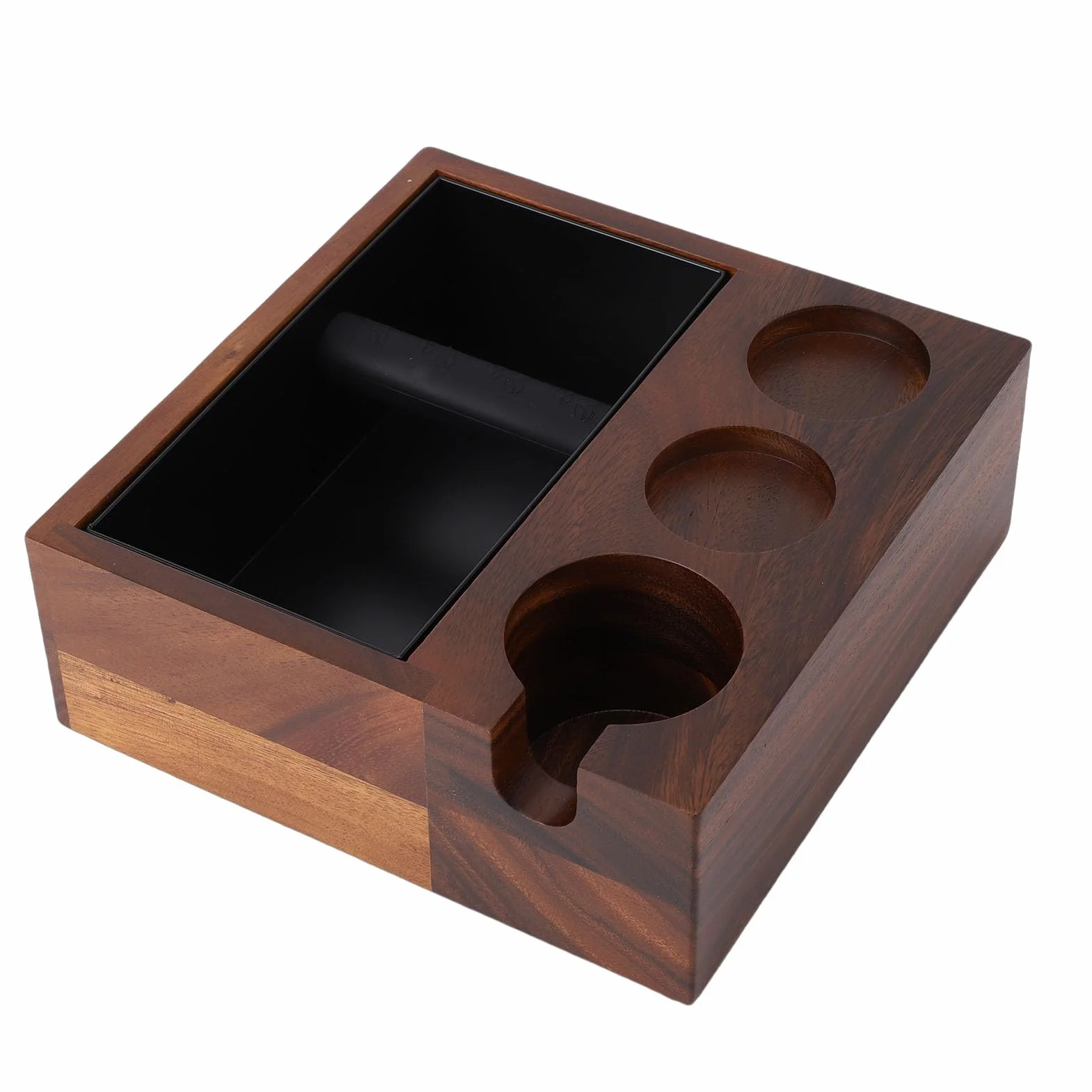 4 w 1 Drewniane Pukanie do Espresso, Pukanie do Dystrybutora Kawy 58 Mm ze Zdejmowanym PudełKiem na Fusy ze Stali Nierdzewnej i PodnóżKiem, Ubijak do Espresso, Stojak na Filtry