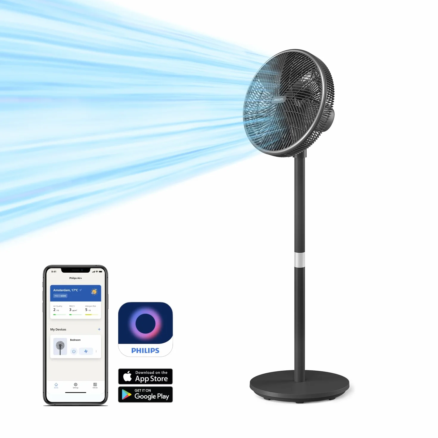 Inteligentny Wentylator Philips Seria 3000. Wydajny i Cichy Z Technologią SilentWings. 19 dB. Regulowana wysokość: wentylator Stołowy i Stojący 2w1. Odchylany i Obrotowy. Aplikacja. Czarny (CX3550/01)