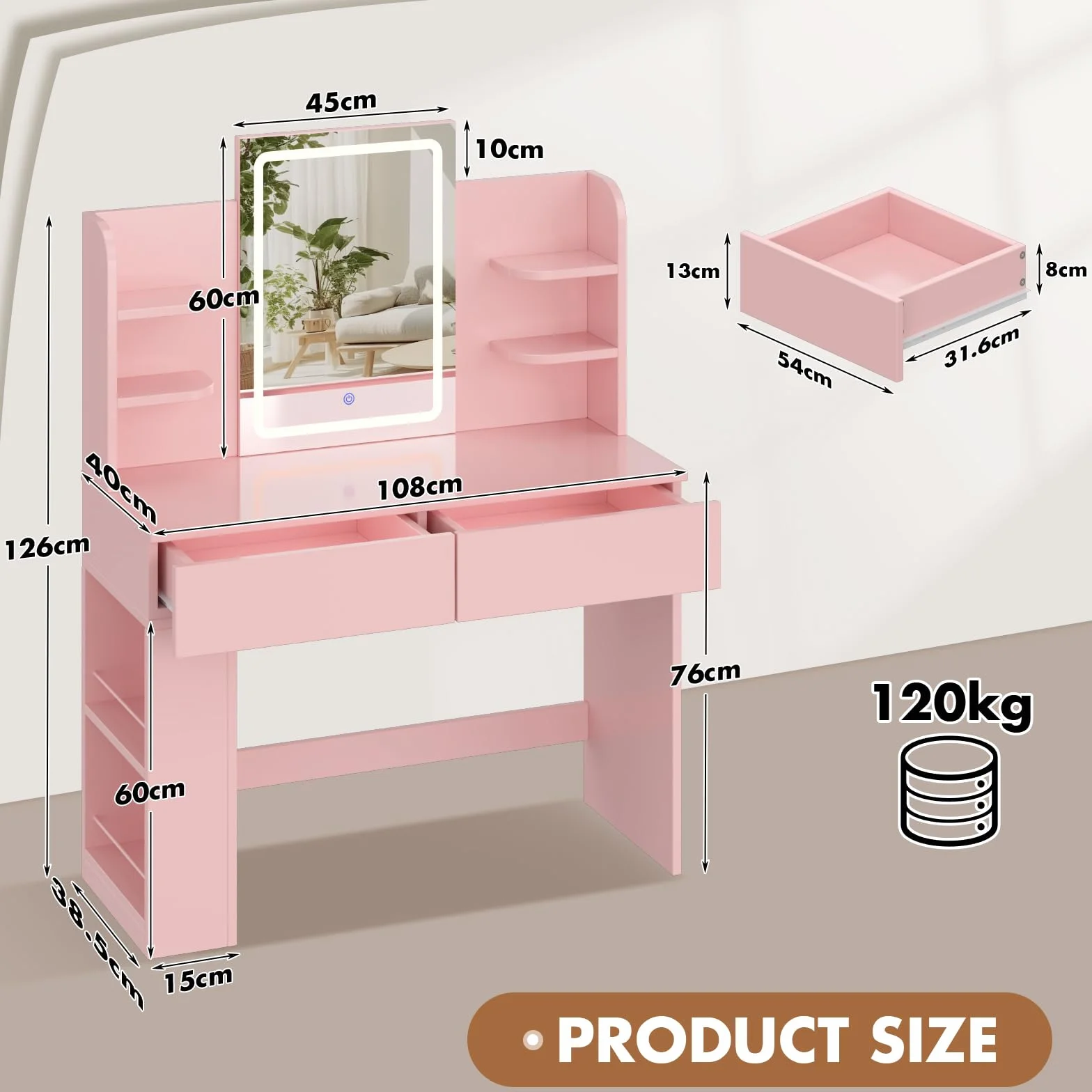 Devoko Toaletka do Makijażu z Lustrem LED – 3 Poziomy Jasności, Regulowane Półki, 2 Szuflady, Nowoczesny Stolik Kosmetyczny z Drewna do Sypialni (Różowa, 108CM)
